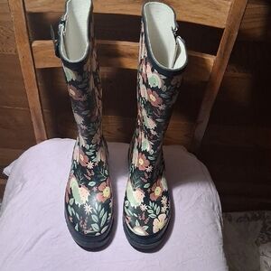 Western Chief Black Floral Knee-High Rain Boots with Pink & Green Flowers